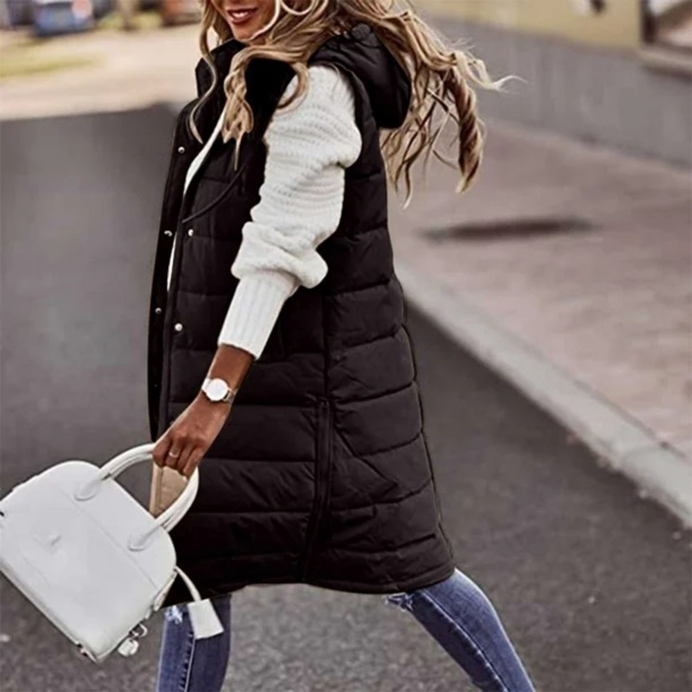 Zara Black Quilted Hooded Long Puffer Vest - Picture 6 of 9